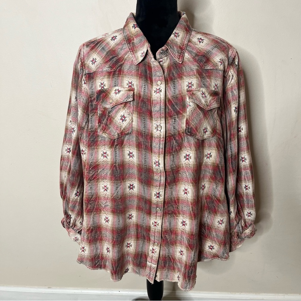 Ivy Jane Brown Burgundy Plaid Southwestern Balloon Sleeve Pearl Snap Shirt Sz‎ L